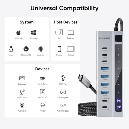 Powered USB C Hub, PULWTOP 9-in-1 USB-Hub suppprt 10Gbps & PD 45W Max Charging