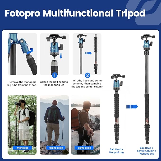 Fotopro 59" Carbon Fiber Travel Tripod, Compact Camera Tripod