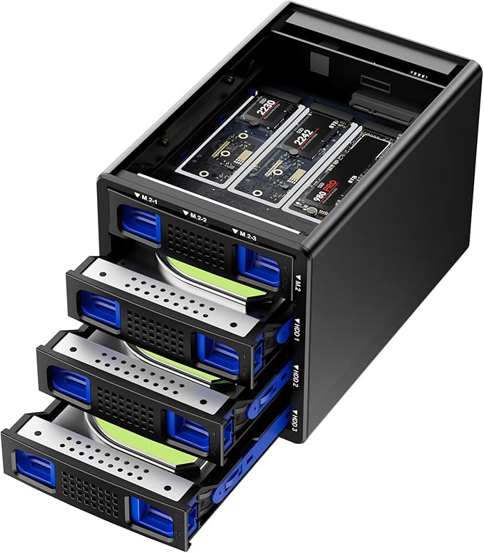 Hybrid 3*2.5/3.5" SATA HDD/SSD+3* M / B+M Key M.2 NVMe Enclosure
