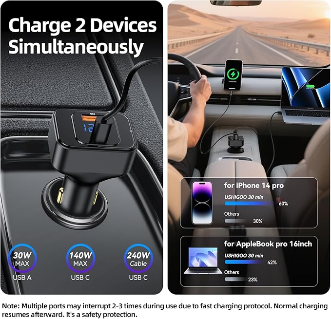 170W PD3.1 Car Charger with LED Voltage Display, USB-C Cigarette Lighter
