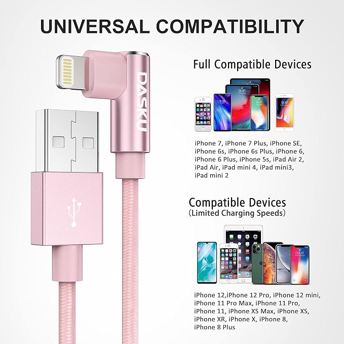 2 Pack 90 Degree iPhone Charger 10Ft Mfi Certified Lightning Cable Right Angle
