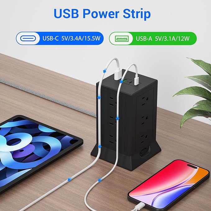 Power Strip Tower with Multiple Outlets, 10 Ft Extension Cord Flat Plug with 12