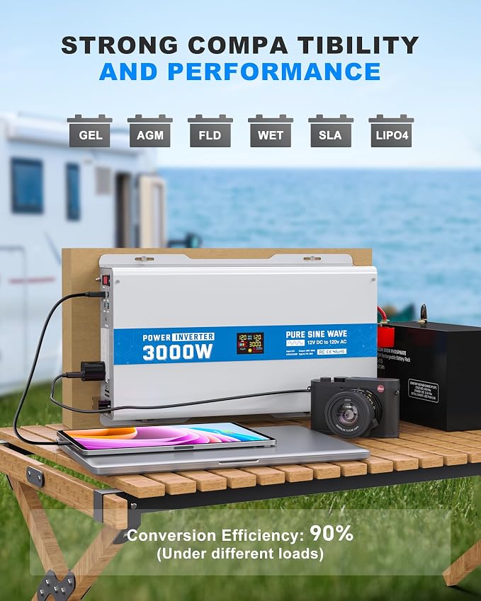 3000W Pure Sine Wave Power Inverter 12V DC to 120V AC Converter 6000 Watt Peak