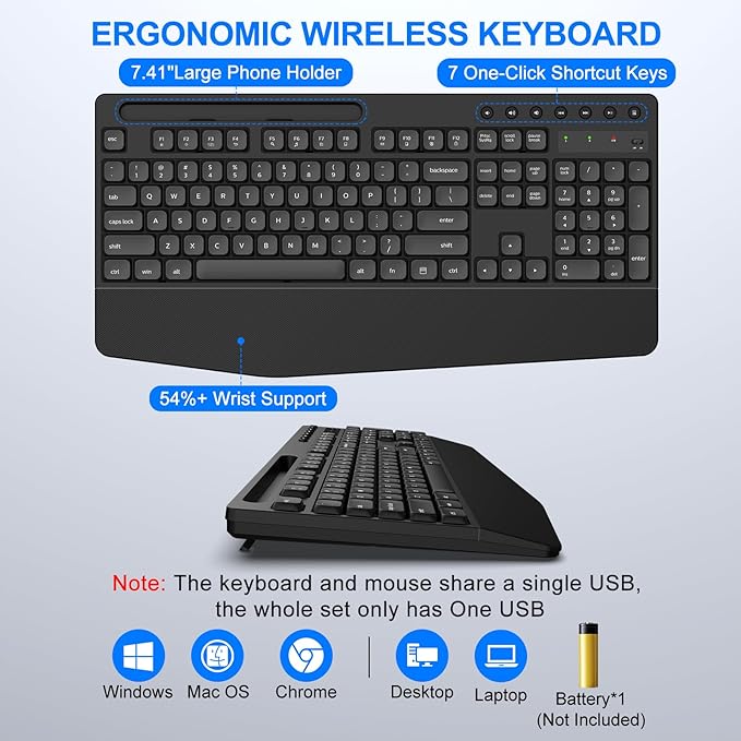 EDJO Wireless Keyboard and Mouse Combo, Full-Size Ergonomic Wireless Computer
