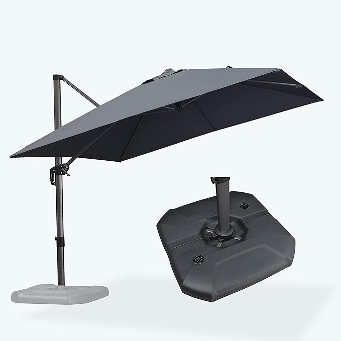 PURPLE LEAF Patio Umbrella with Base 10 Feet Outdoor Cantilever Square Umbrella Aluminum Offset Umbrella with 360-degree Rotation for Garden Deck Pool Patio, Grey