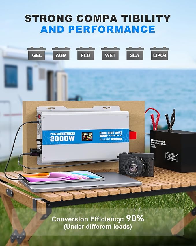 2000W Pure Sine Wave Power Inverter 24V DC to 120V AC Converter 4000 Watt Peak