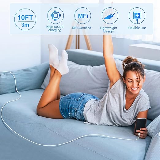USB C Wall Charger, Dual Port 10FT iPhone Charger 20W PD+QC3.0 Power Adapter