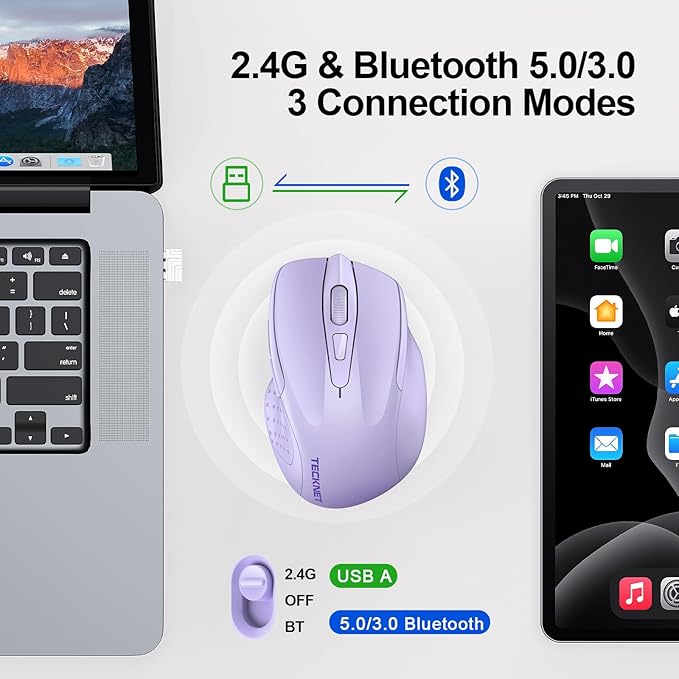 TECKNET Wireless Mouse Rechargeable 4800 DPI Silent USB A & Bluetooth Mouse 6