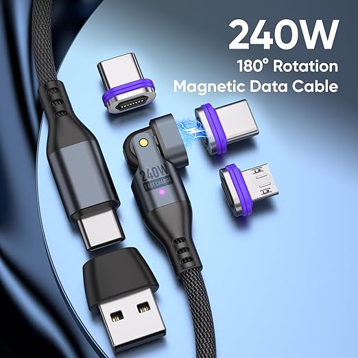 240W Rotating USBC to USB C Magnetic Data Cable, 3ft