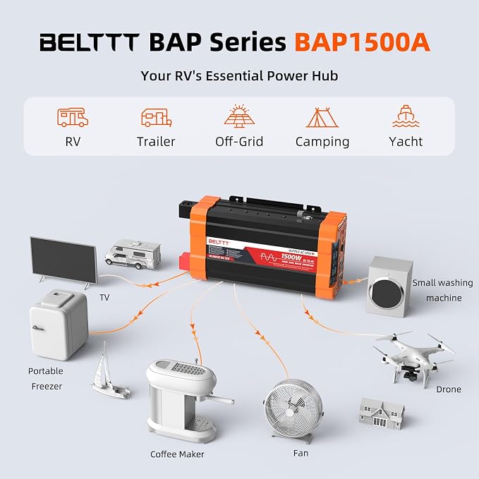 BELTTT 1500W Pure Sine Wave Inverter 12V to 120V AC, Car Power Inverter 12V to