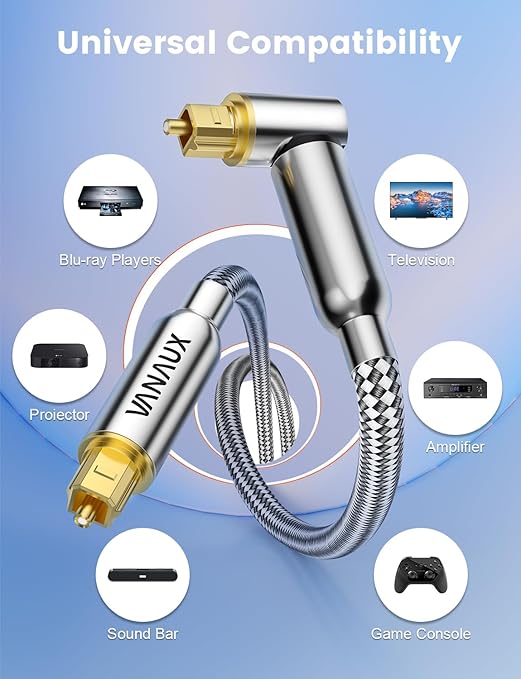 VANAUX 90-Degree Optical Audio Cable 10FT, Premium Fiber Optic Toslink