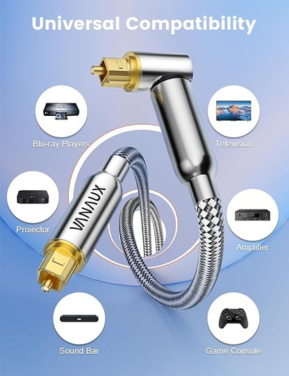 VANAUX 90-Degree Optical Audio Cable 10FT, Premium Fiber Optic Toslink