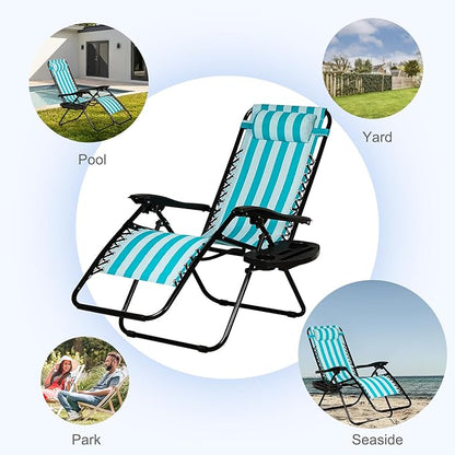 Nazhura Set of 2 Relaxing Recliners Patio Chairs Adjustable Steel Mesh Zero Gravity Lounge Chair Beach Chairs with Pillow and Cup Holder (Light Blue Stripe)