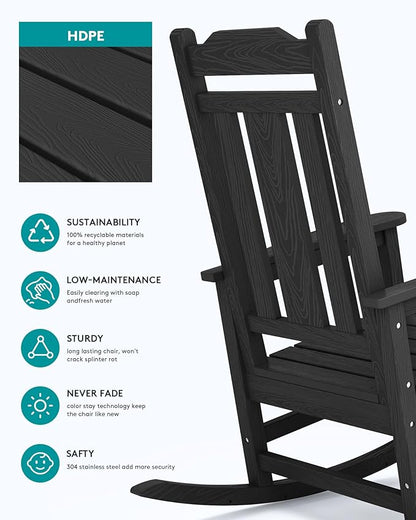 SERWALL Oversized Rocking Chair Set of 4 Outdoor, HDPE Outdoor Rocking Chair Set of 4, Black