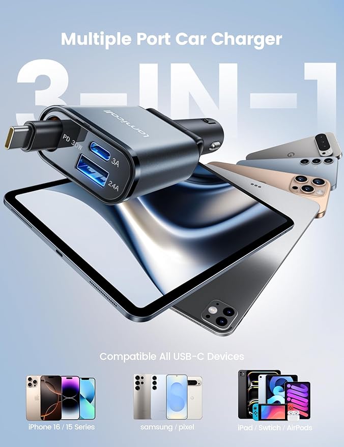 Lamicall Retractable Car Charger USB C Fast Charging 57W Type C Car Phone