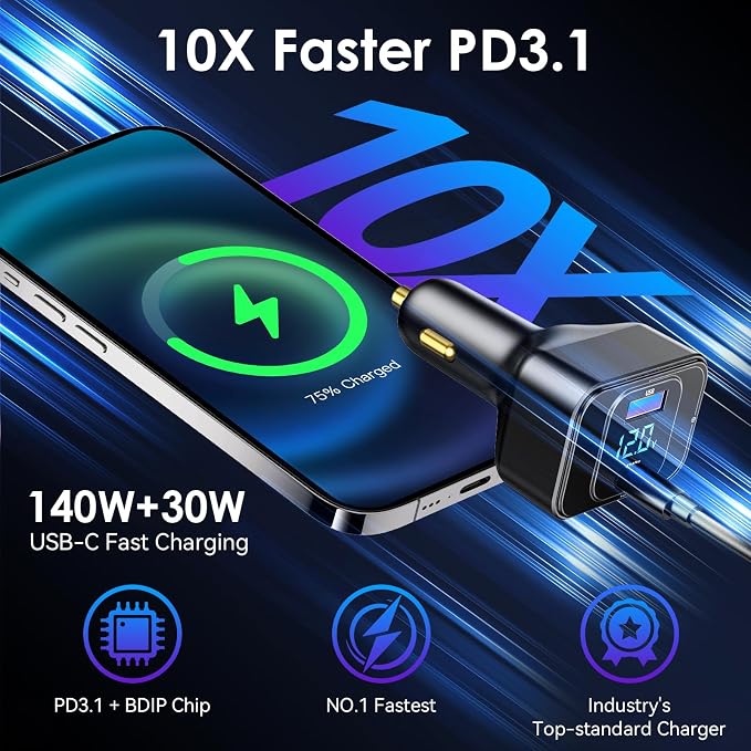170W PD3.1 Car Charger with LED Voltage Display, USB-C Cigarette Lighter