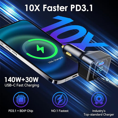 170W PD3.1 Car Charger with LED Voltage Display, USB-C Cigarette Lighter