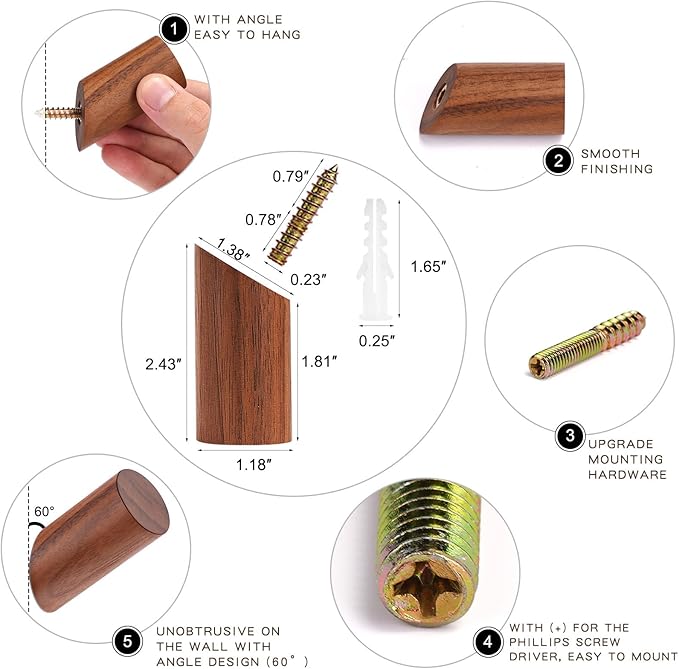 6 Pack Wood Hooks, Natural Coat Hooks Wall Mounted