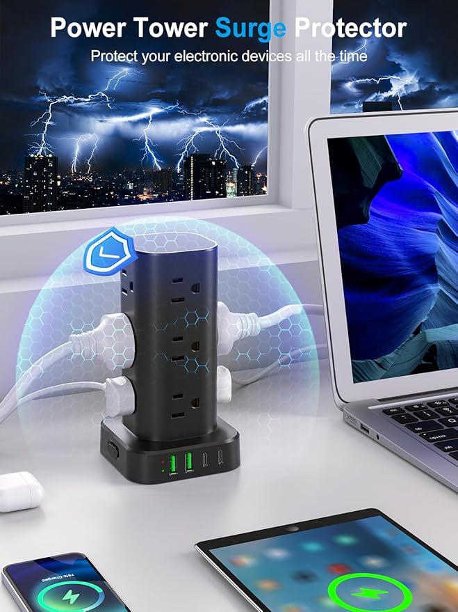 Power Strip Tower with Multiple Outlets, Flat Plug Surge Protector Tower
