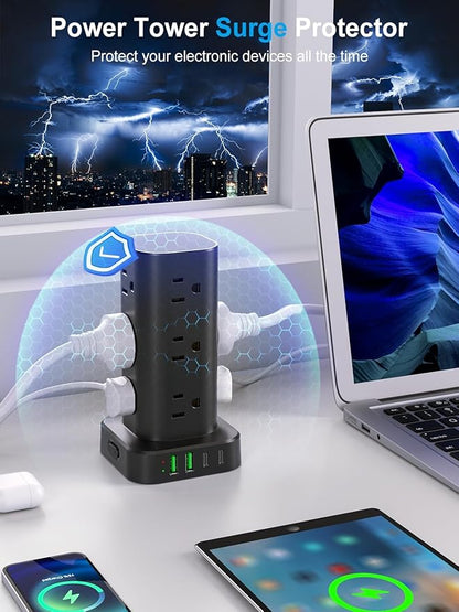 Power Strip Tower with Multiple Outlets, Flat Plug Surge Protector Tower