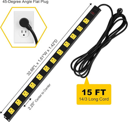 SURAIELEC 12 Outlet Long Metal Power Strip, 15FT Cord Surge Protector, Angled