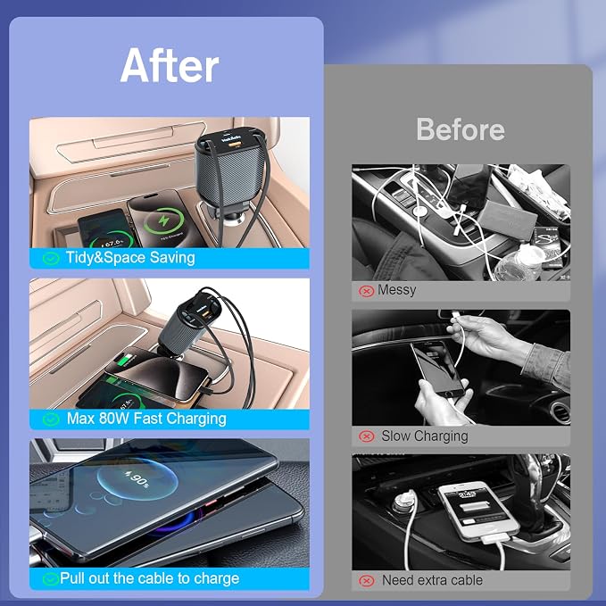 Retractable Car Charger for 4 in 1 Fast Charging Max 80W【ONLY 2 Type-C Charging
