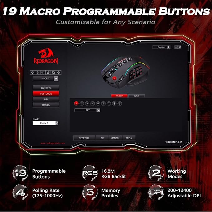 Redragon Gaming Mouse, MMO Mouse Gaming UP 12400 DPI, 19 Macro Programmable