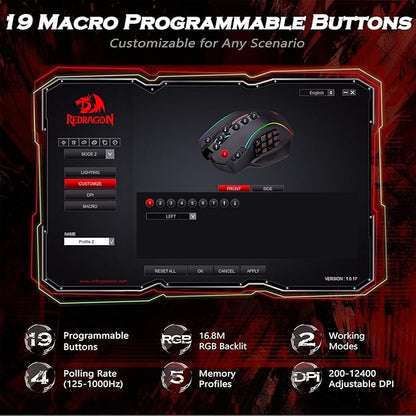 Redragon Gaming Mouse, MMO Mouse Gaming UP 12400 DPI, 19 Macro Programmable