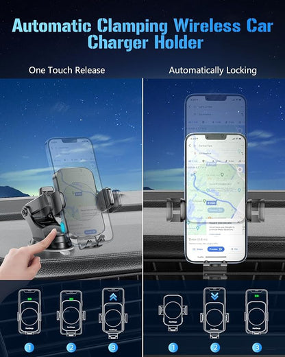 Wireless Car Charger, Fast Charging Phone Holder 3 in 1 Phone Mount Auto