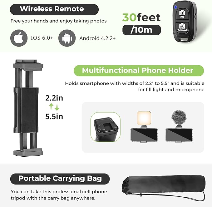 Aureday Phone Tripod, Wireless Remote and Phone Holder, Extendable Cell