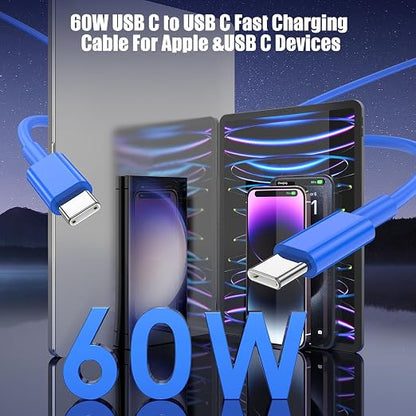 3-Pack Blue 60W USB C to USB C Cable, Type C Fast Charging Cable