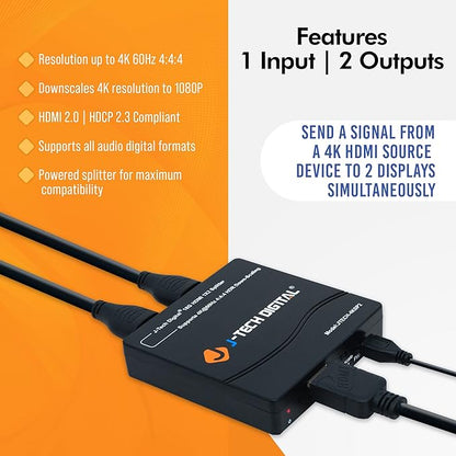 J-Tech Digital HDMI Splitter 1 in 2 Out 4K 60Hz Multi-Resolution Output HDMI