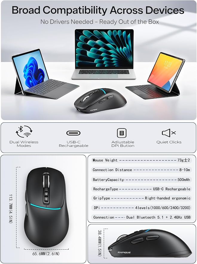 R108 Bluetooth Wireless Mouse – Dual Bluetooth ＆ 2.4GHz USB Receiver, 4 DPI