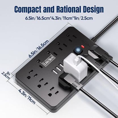 6 FT Flat Plug Surge Protector Power Strip, 11 Multiple AC Outlets