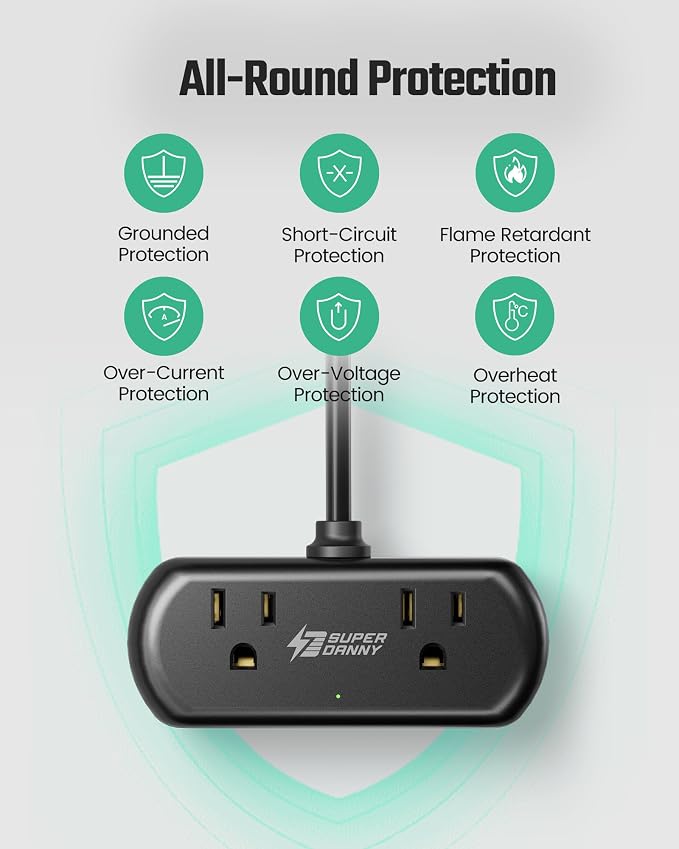 2Ft Extension Cord, SUPERDANNY Mini Surge Protector