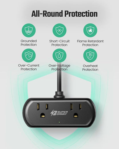 2Ft Extension Cord, SUPERDANNY Mini Surge Protector
