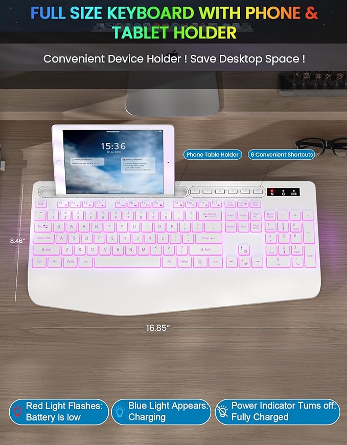 Wireless Keyboard with 7 Colored Backlit, Wrist Rest, Phone Holder,