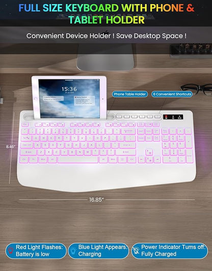 Wireless Keyboard with 7 Colored Backlit, Wrist Rest, Phone Holder,