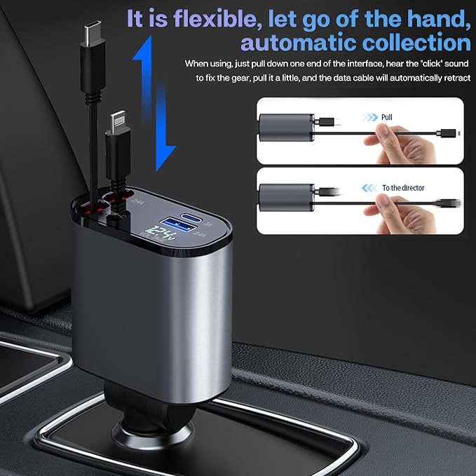 Retractable Car Charger with 100W, 4 in 1 Car Fast Charger