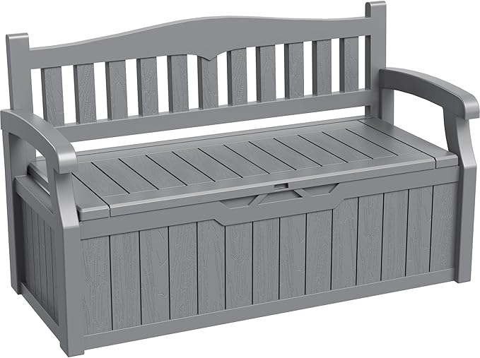 Greesum 80 Gallon Storage Bench Outdoor Deck Box with Armrest, Patio Furniture,Lockable, Waterproof and UV Resistant, Suitable for Garden, Pool, Grey