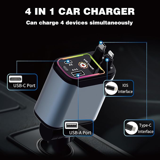 Starlight Retractable Car Charger, 66W Fast Car Chargers Adapter 4 in 1