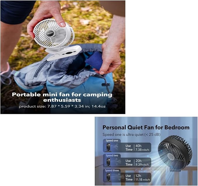 Portable Clip-on Fan 10000mAh Rechargeable Battery Powered – 3-Speed Quiet Desk