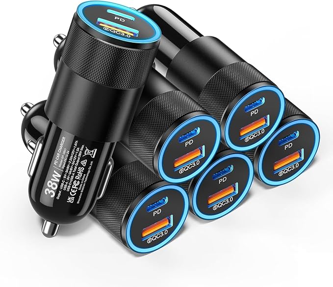 6 Pack USB C Car Charger, Ancekoy 38W Dual USB-C + USB-A Car Charger Adapter