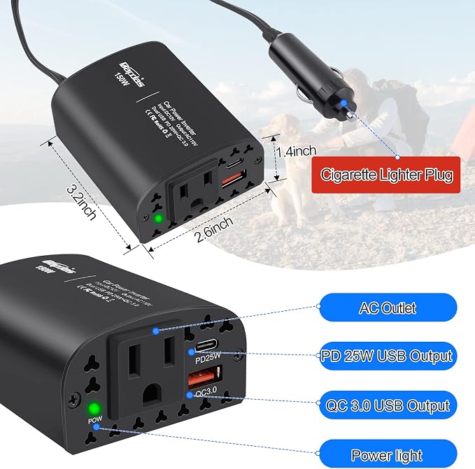 150W Car Power Inverter DC 12V to 110V AC Car Outlet Adapter