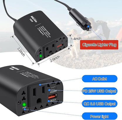 150W Car Power Inverter DC 12V to 110V AC Car Outlet Adapter