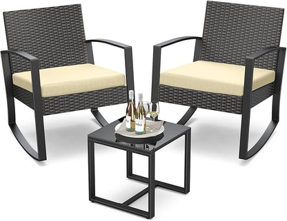 3 Pieces Porch Furniture Set Patio Rocking Bistro Set Outdoor Patio Chairs Rattan Conversation Sets with Coffee Table for Front Porch Garden Balcony Backyard Poolside (Beige Cushion)