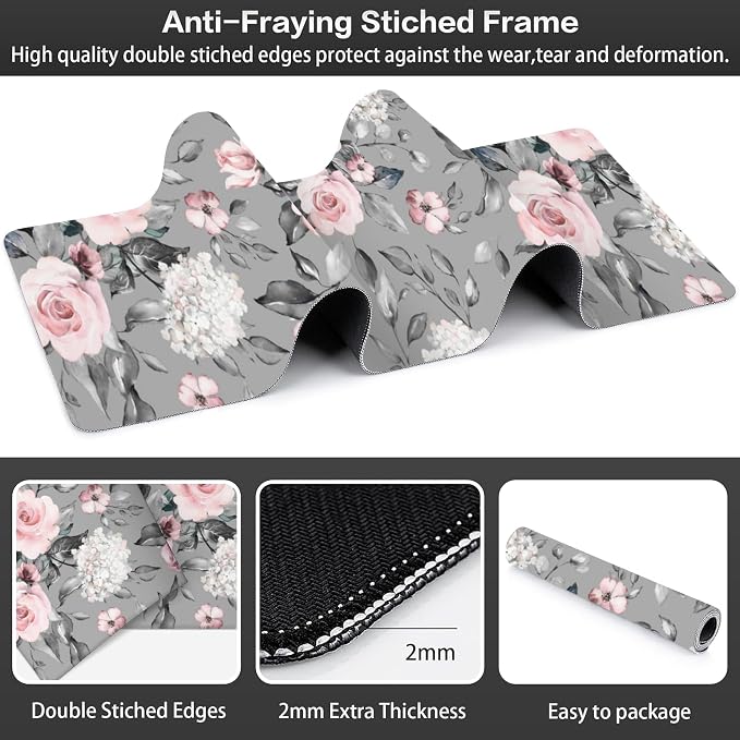Pink Roses Desk Mat, Large Spring Blooming Flowers and Leaves Gaming Keyboard