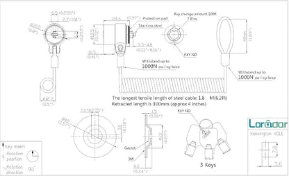 Keyed Alike 5Pack Security Hardware Cable Lock Kit, Retractable Cable Lock