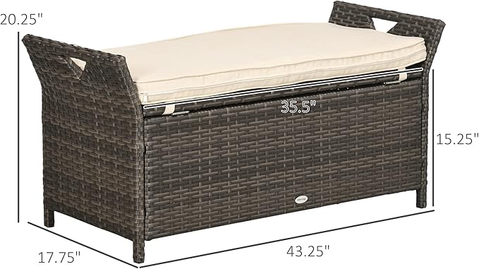 Outsunny 29 Gallon Patio Wicker Storage Bench, Outdoor PE Rattan Patio Furniture, 2-in-1 Large Capacity Rectangle Garden Storage Box with Handles and Cushion, Cream White