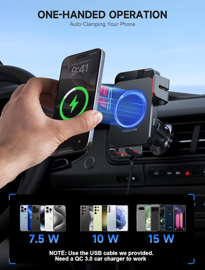 MOKPR Wireless Car Charger, 15W Auto Clamping Car Charger Dash Windshield Air